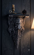 Blackspire Works Gothic biomechanical wall shelf featuring a sentinel skull design with metallic hand-finished details.