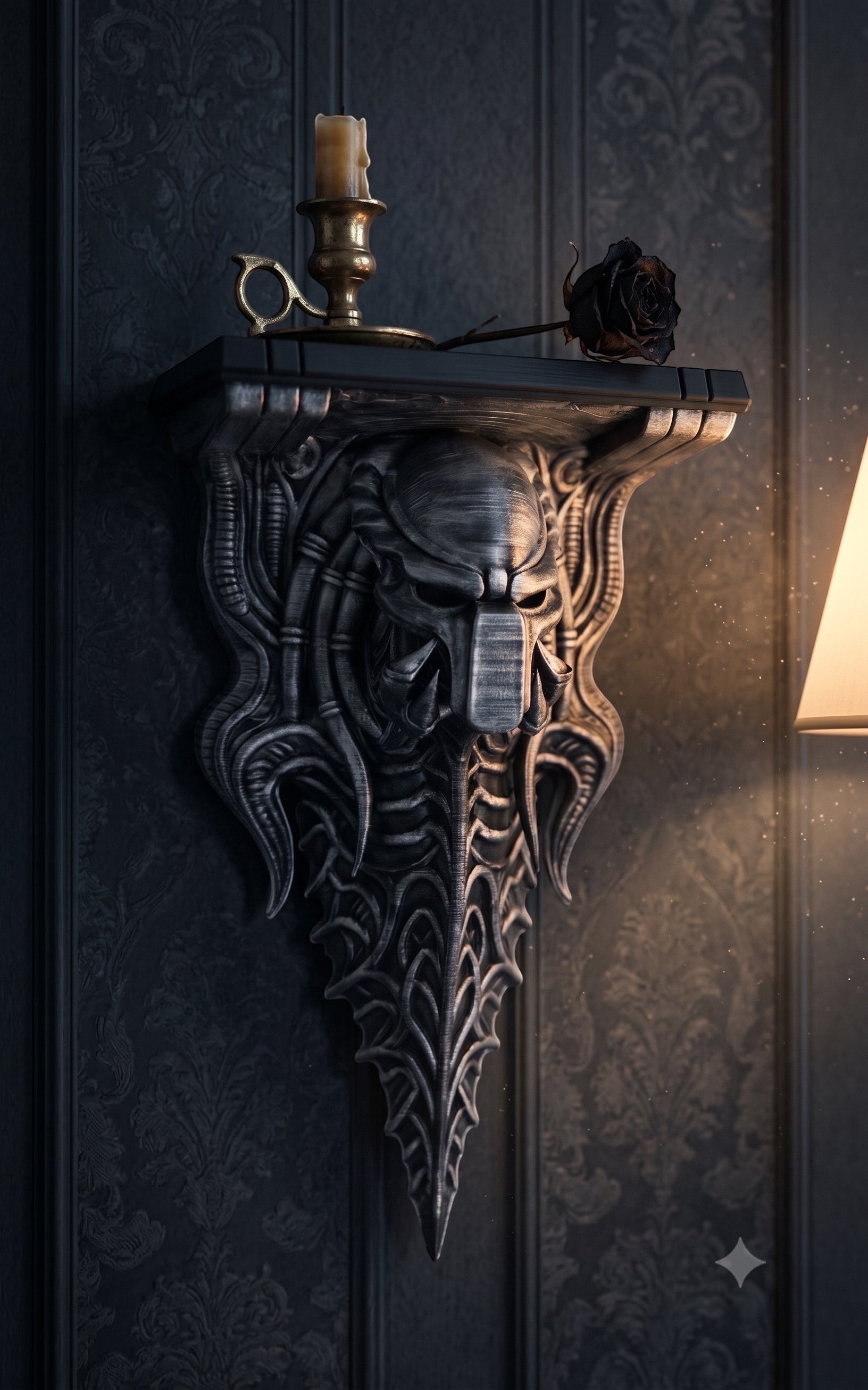 Blackspire Works Gothic biomechanical wall shelf featuring a sentinel skull design with metallic hand-finished details.