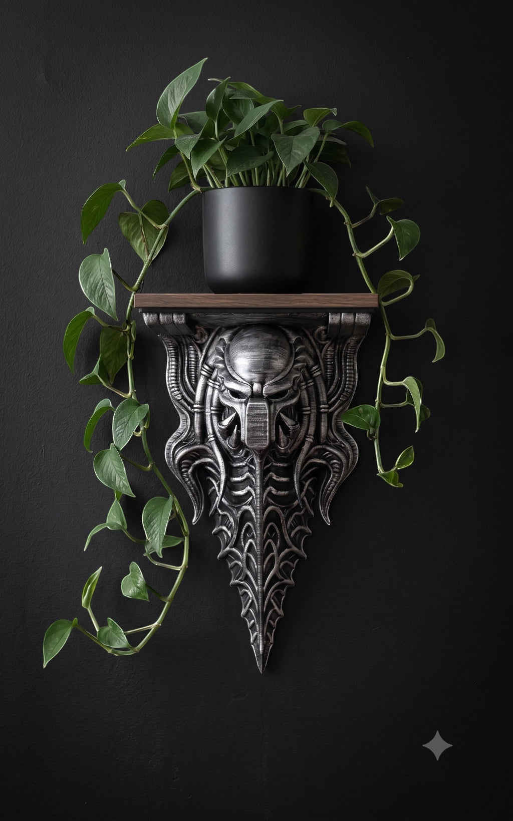Blackspire Works The Warden wall shelf featuring a metallic biomechanical skull design with a trailing green pothos plant.